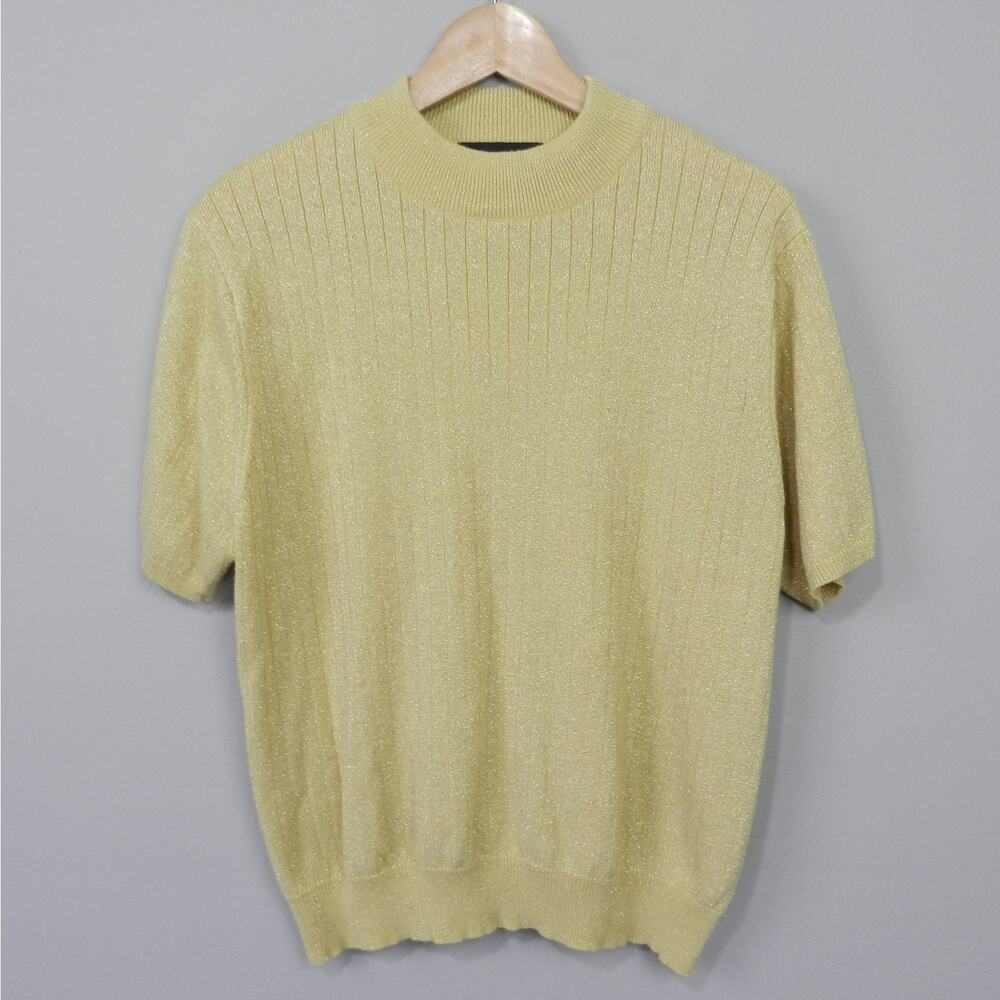 Vintage Sag Harbor Gold Metallic Knit Short Sleeve Sweater Sz L Ribbed Mock Neck